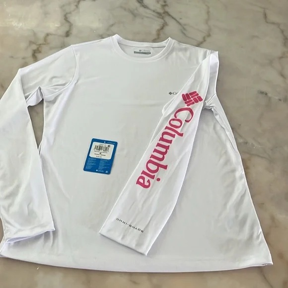 Columbia women's rapid creek long-sleeve top shirt white pink logo M omni shade - Picture 3 of 16